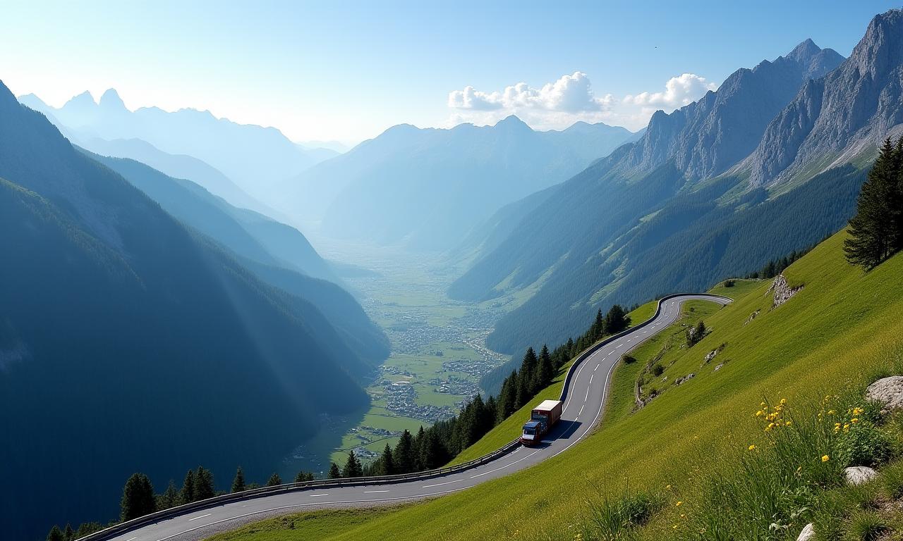 Panoramaaufnahme einer österreichischen Autobahn, die sich durch eine Berglandschaft schlängelt.