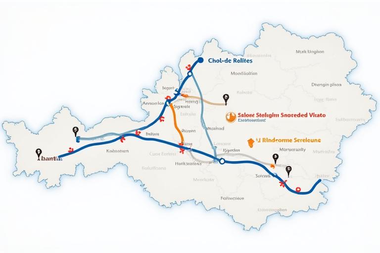 Eine stilisierte Karte von Österreich, die Autobahnen und wichtige Städte hervorhebt.